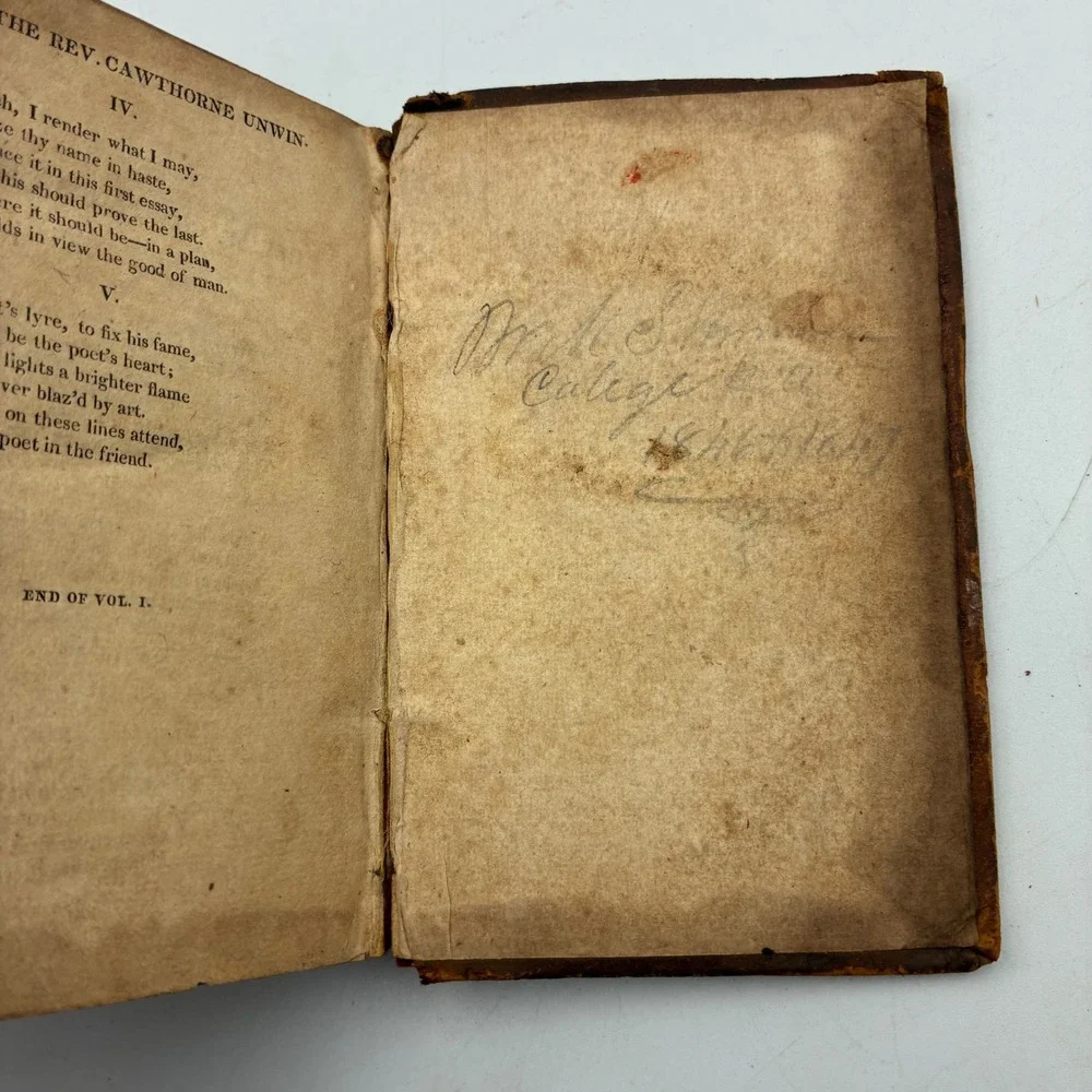 1818 Cowper's Poems Vol I Antique Leather Bound Book William Cowper NY Bartow